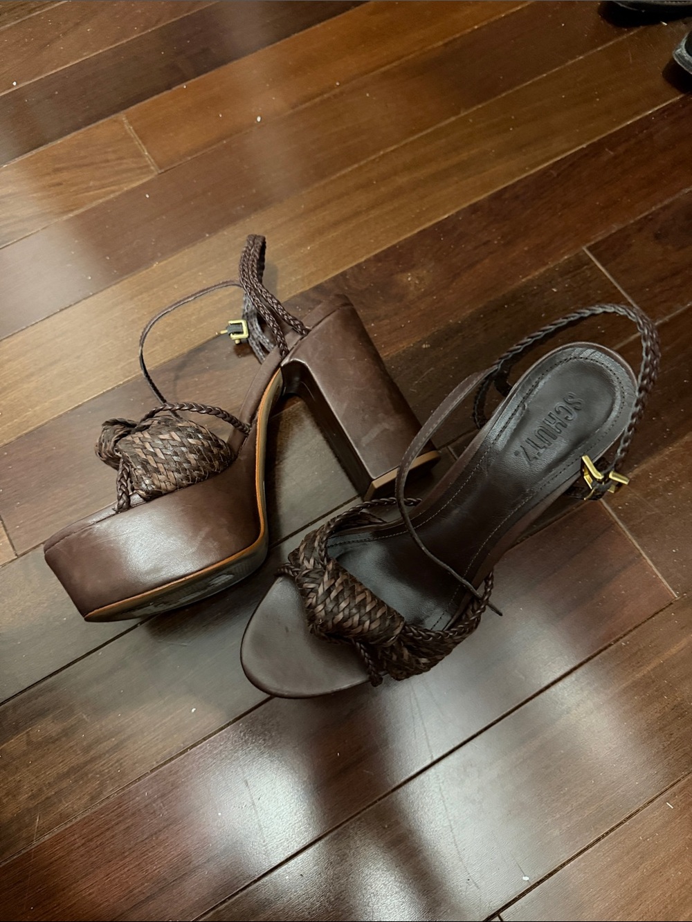 Schutz Brown Braided Platform Block Heel Sandals